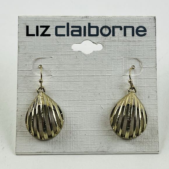 Liz Claiborne Gold Tone Dangle Earrings Open Cutout Seashell Teardrop Pierced NE - Picture 1 of 9